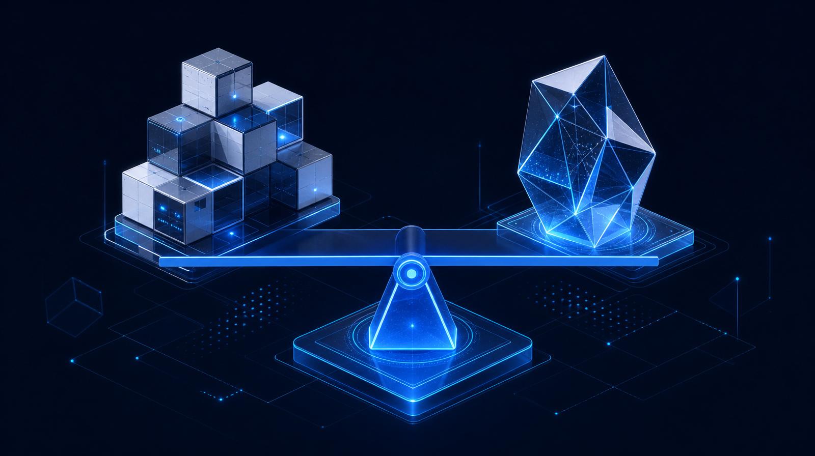 Abstract isometric composition of modular cubes and a bespoke crystalline shape balanced on an electric-blue fulcrum, symbolizing build vs buy trade-offs.