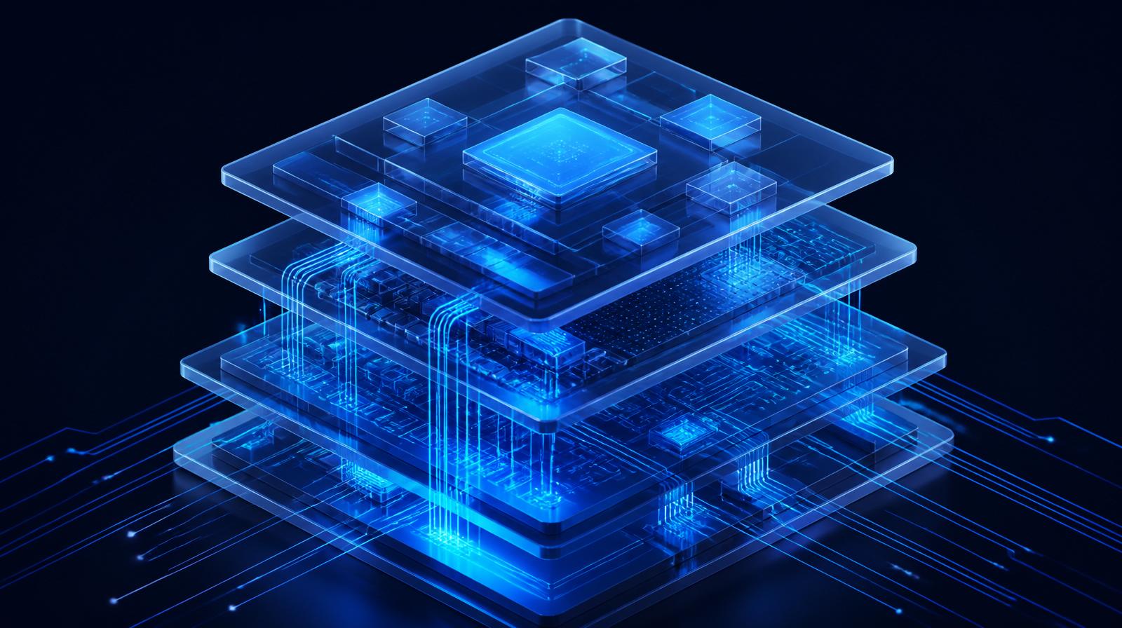Layered translucent cross-section of a modernized software system with electric blue circuitry flowing between glass panels.