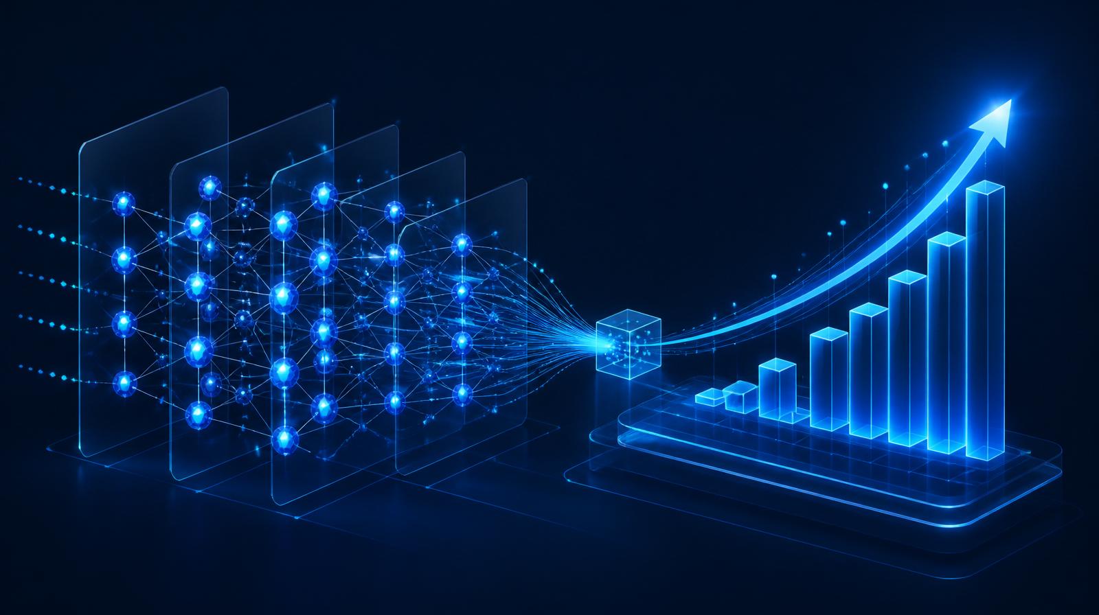 Abstract neural network flowing into an ascending revenue growth curve in electric blue on a deep navy background.