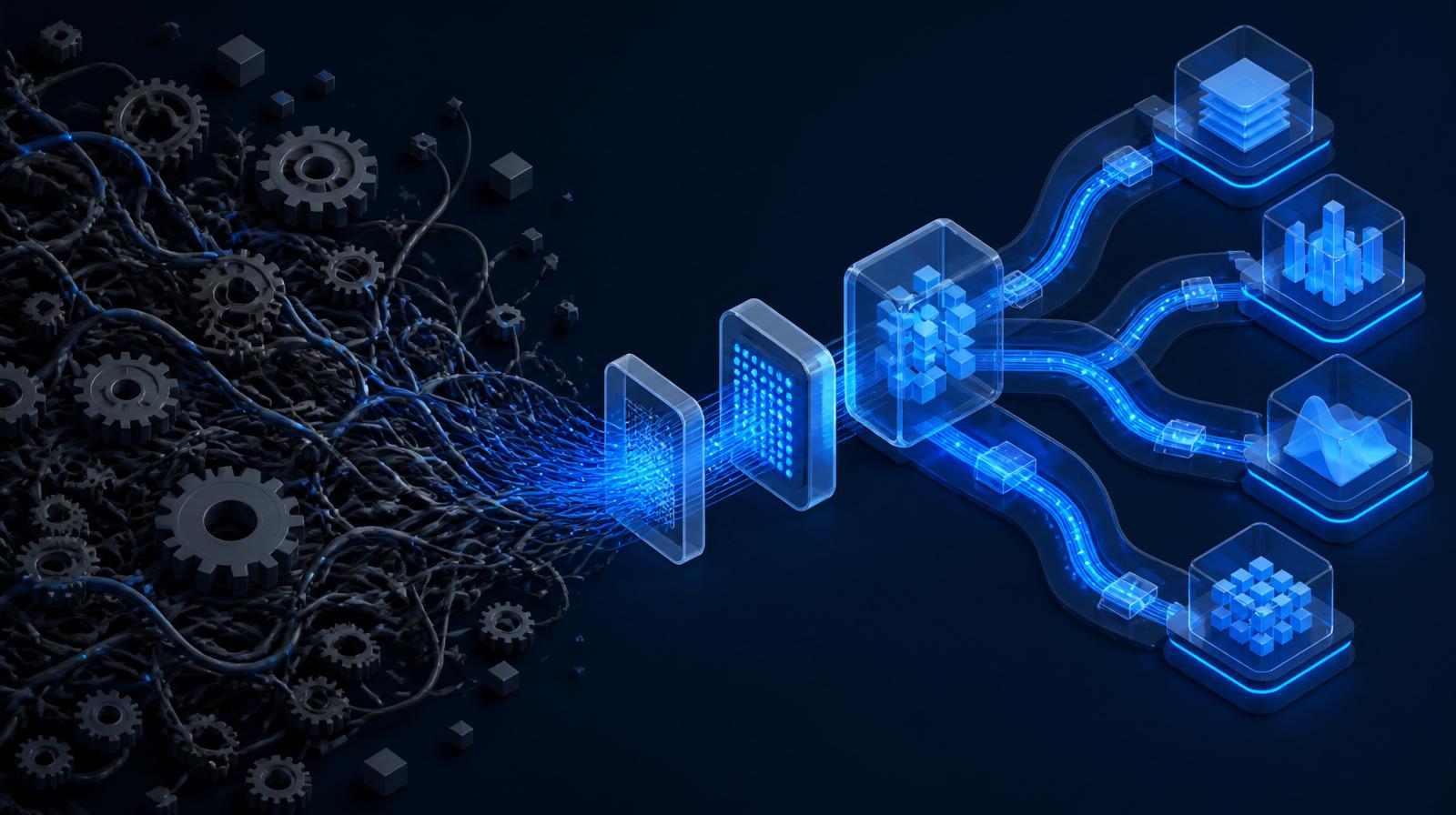 Tangled legacy wires and gears resolving into a clean automated data pipeline with glowing electric blue channels.