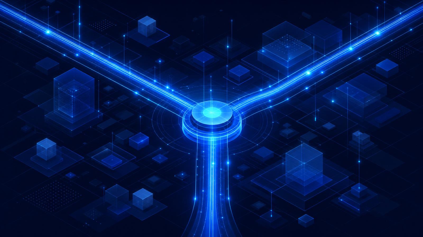 Isometric abstract logistics node network with three converging glowing paths meeting at a central hub, in electric blue and cyan on deep navy.