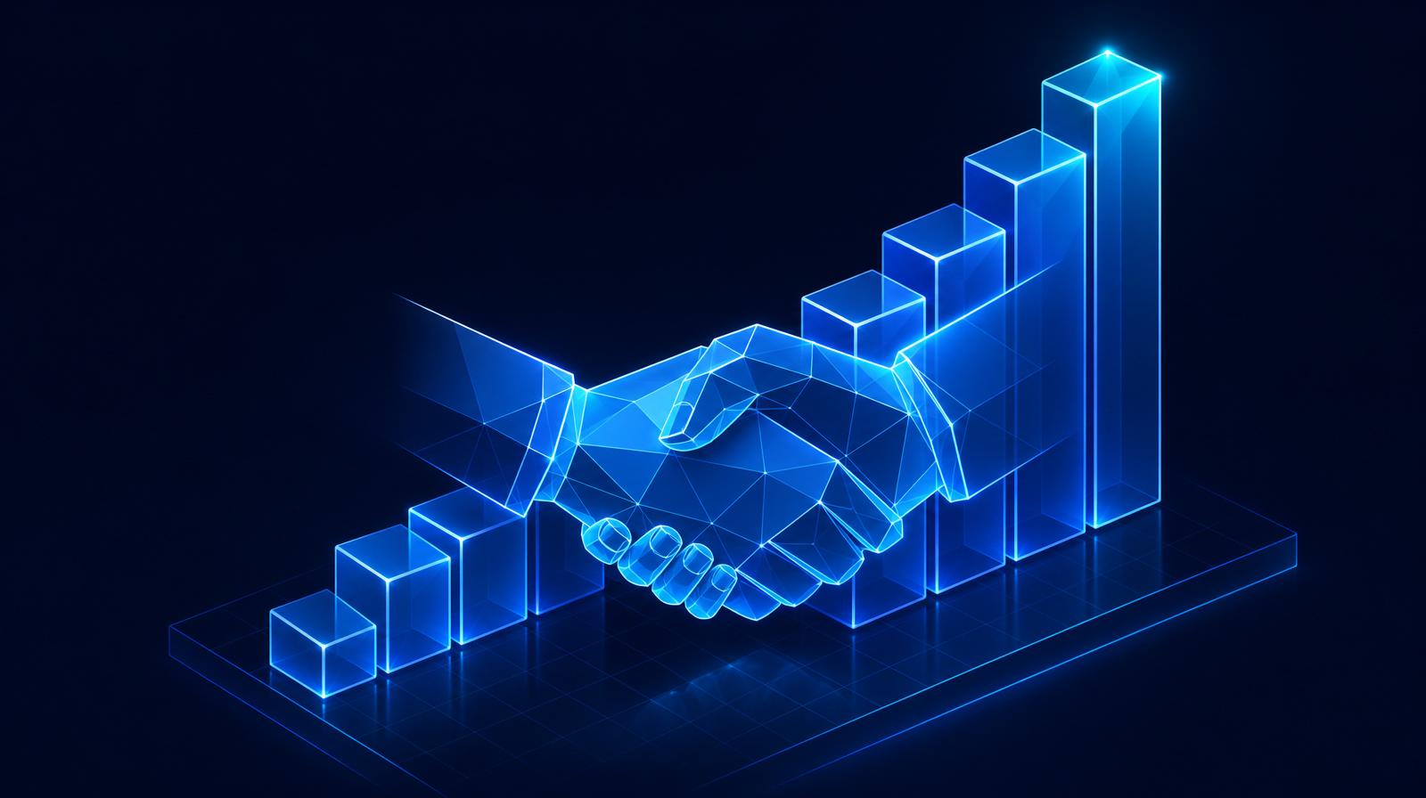 Abstract translucent geometric handshake forming an upward ascending chart bar behind it, in electric blue on a deep navy background.