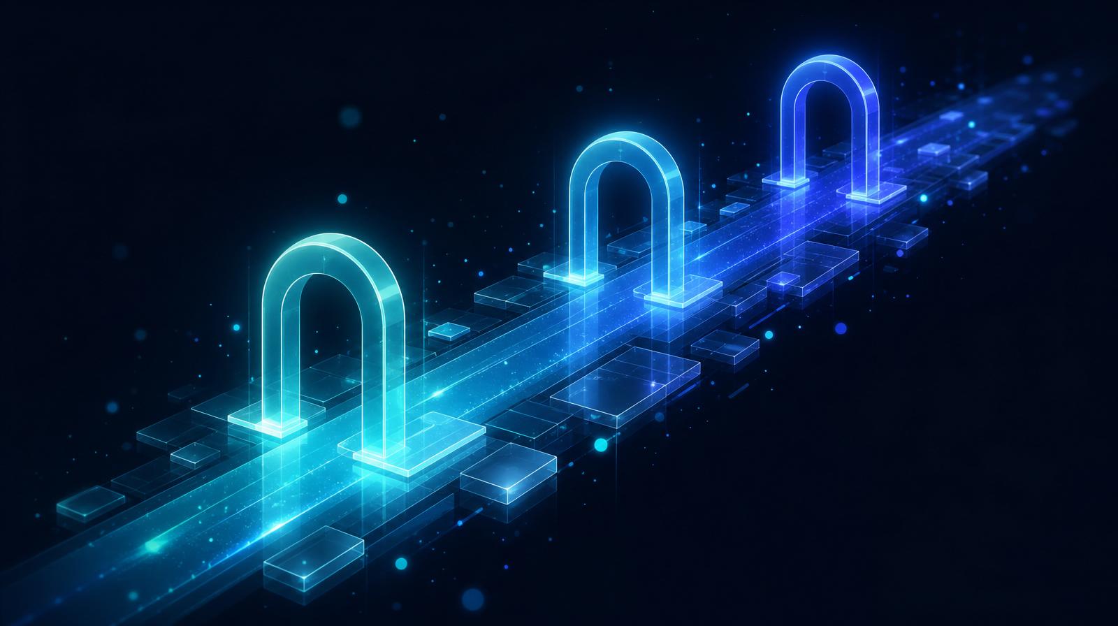 Isometric abstract corridor of a 90-day roadmap with three glowing arched milestone gates receding into the distance in cyan and electric blue.