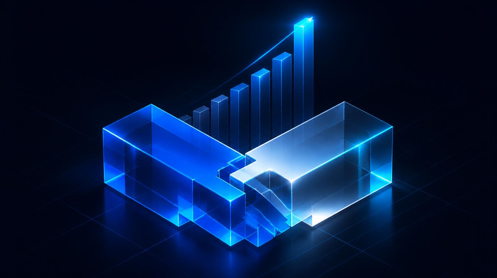 Two interlocking crystalline glass shapes forming an upward chart bar on a deep navy background with electric blue glow.