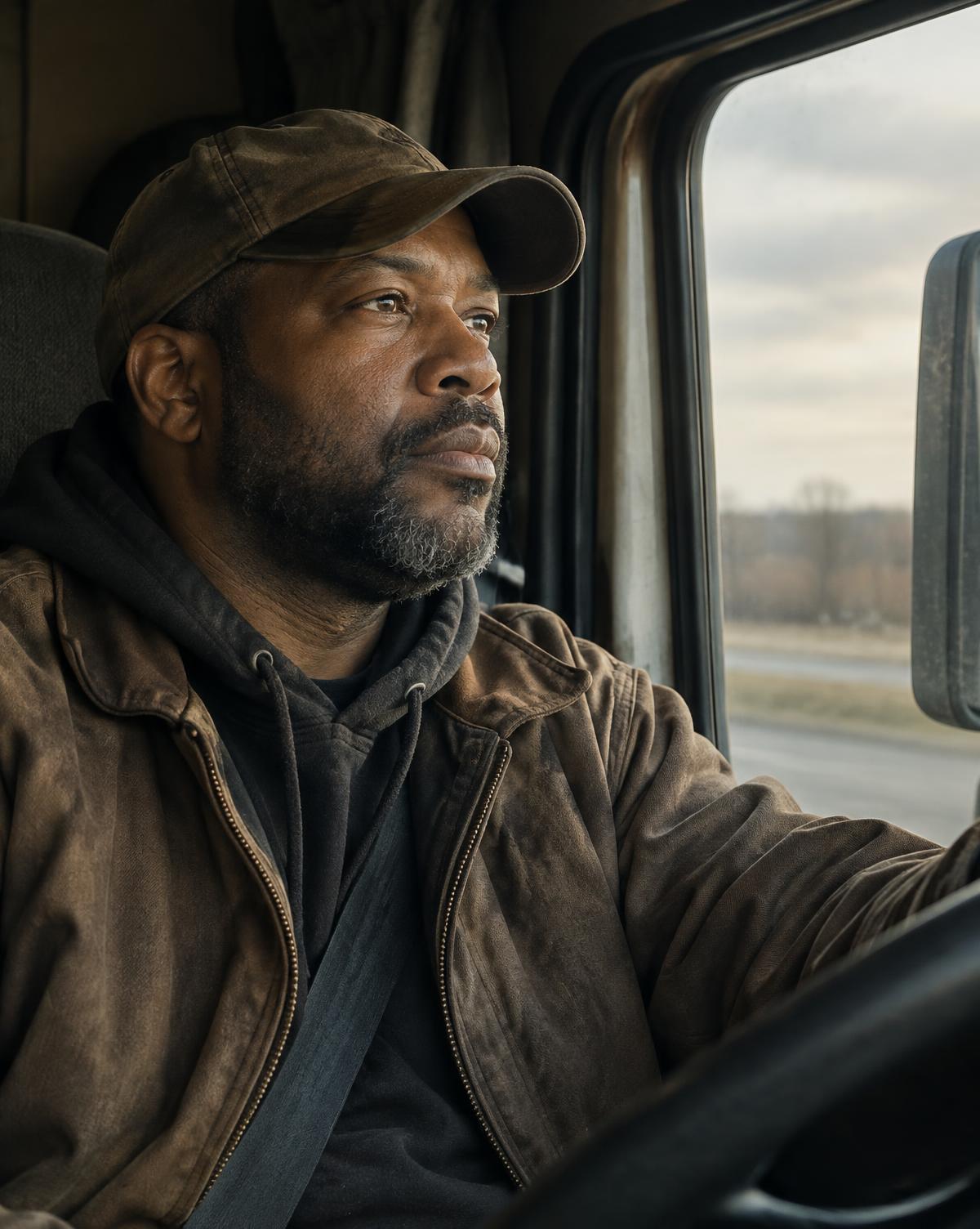 A professional truck driver in the cab.