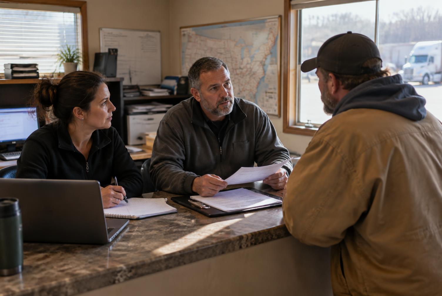 A dispatcher and safety manager review information with a driver.