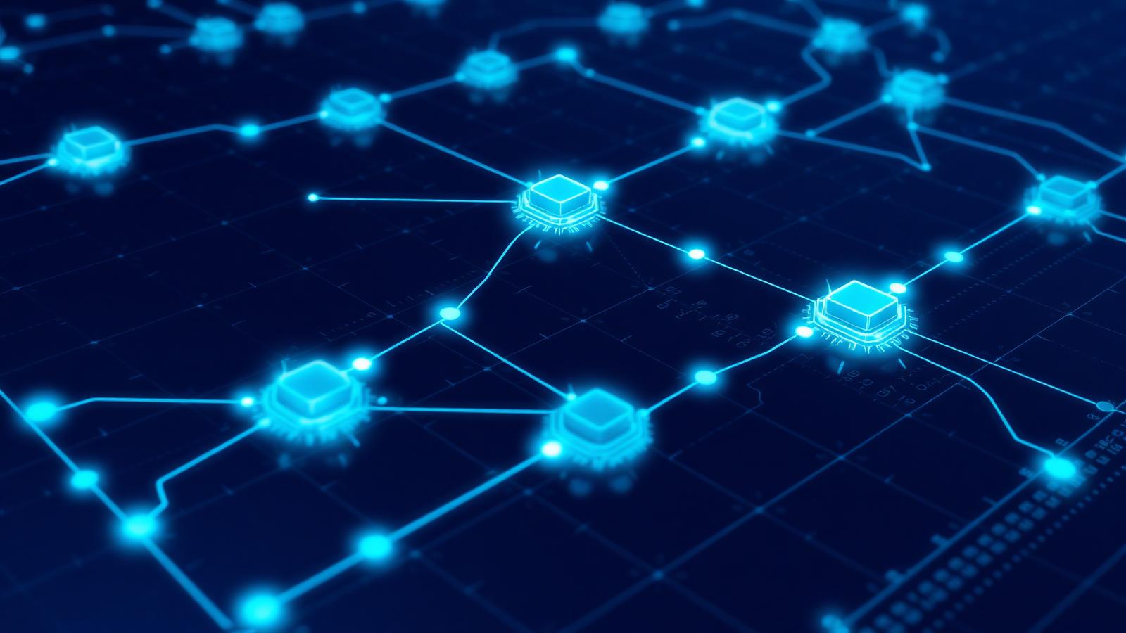 Abstract network of glowing electric-blue autonomous agent nodes orchestrating workflow arrows across a dark navy operational grid.