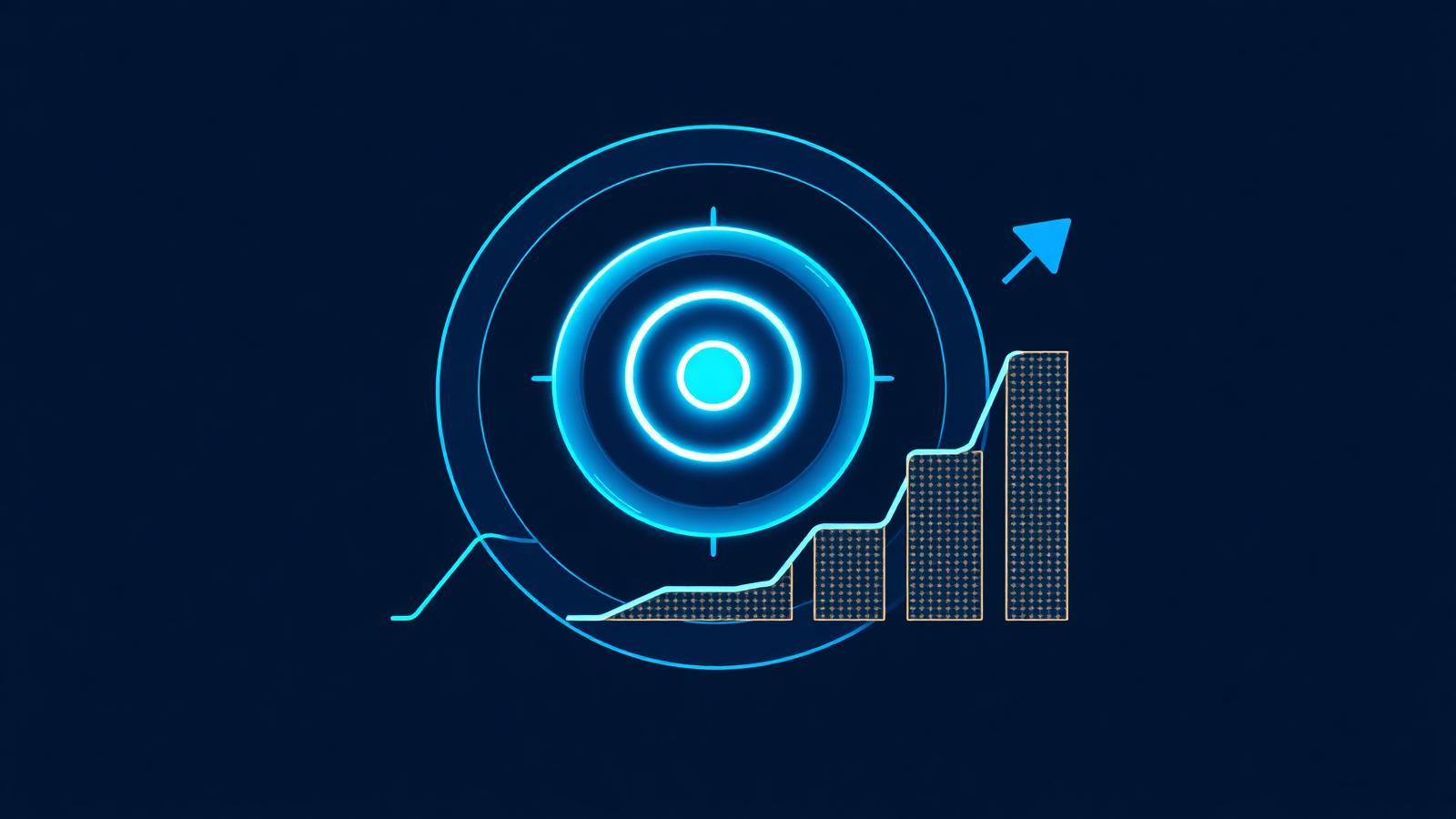 Abstract electric-blue target and ascending measurement chart merging on deep navy, representing outcome-based pricing and metrics.