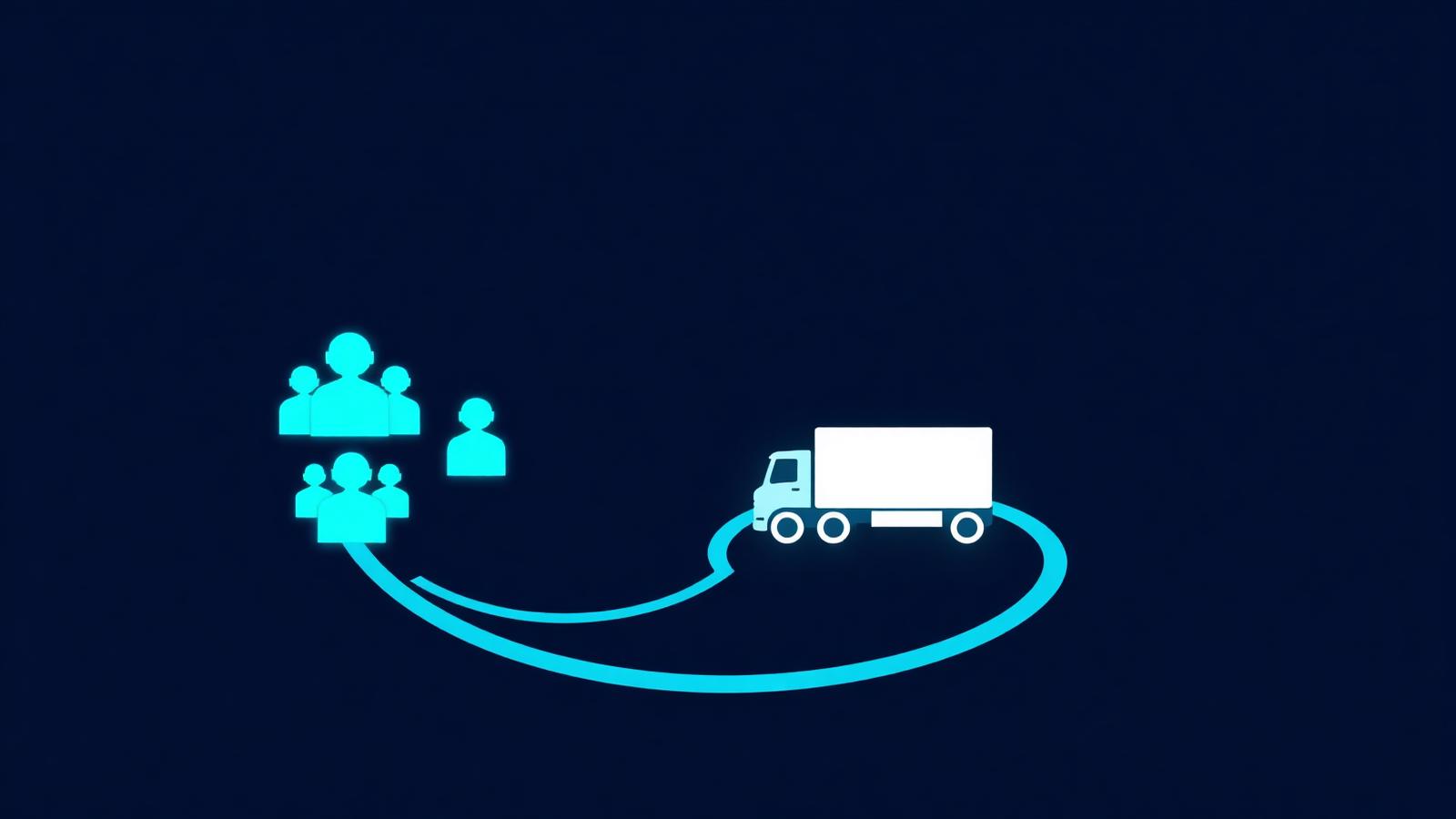 Abstract funnel of glowing electric-blue driver icons flowing into a truck node on a deep navy operational map, symbolizing a recruiting pipeline.