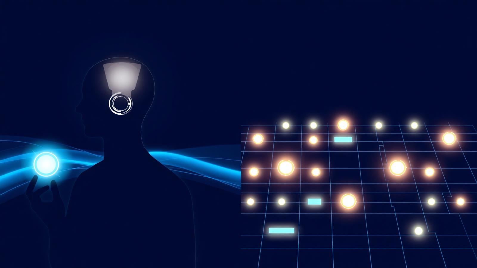 Split abstract illustration contrasting a human paired with a glowing assistant orb on one side and autonomous agent nodes on a workflow grid on the other, in electric blue on deep navy.
