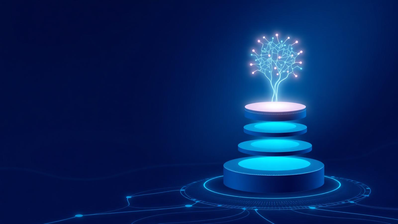 Five stacked glowing platform layers supporting a rising AI neural bloom above them, in electric blue on deep navy, representing data foundations before AI.